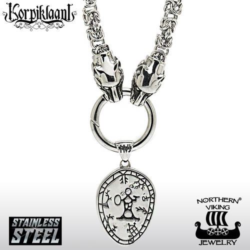 Northern Viking Jewelry®-Kingchain with Wolfhead + Korpiklaani Shaman Drum Pendant