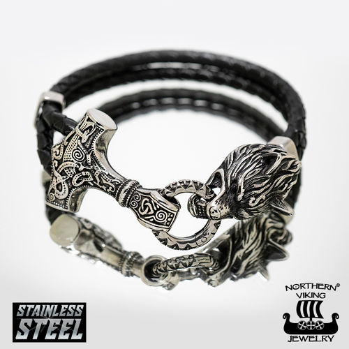 Northern Viking Jewelry®-Bracelet "Thor's Hammer Wolf Bracelet"