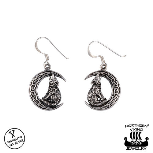 Northern Viking Jewelry® 925-Silver Moon Wolf Earrings